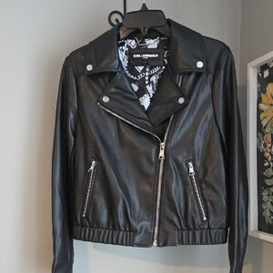 🆕️ Karl Lagerfeld Black Faux Leather Moto Jacket NWT Size M